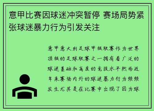 意甲比赛因球迷冲突暂停 赛场局势紧张球迷暴力行为引发关注