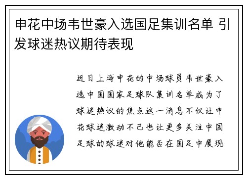 申花中场韦世豪入选国足集训名单 引发球迷热议期待表现
